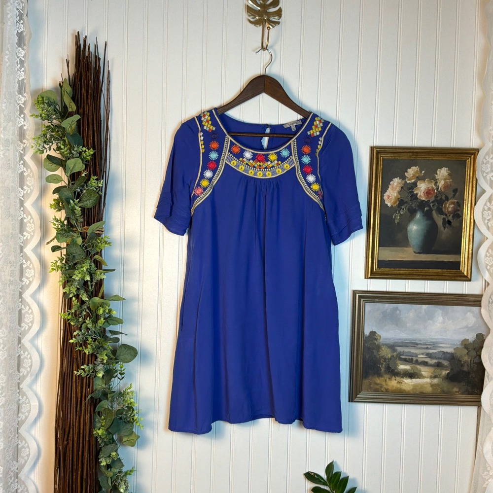 JODIFL Embroidered Mini Dress Women Small Blue Excellent Boho J2447-1